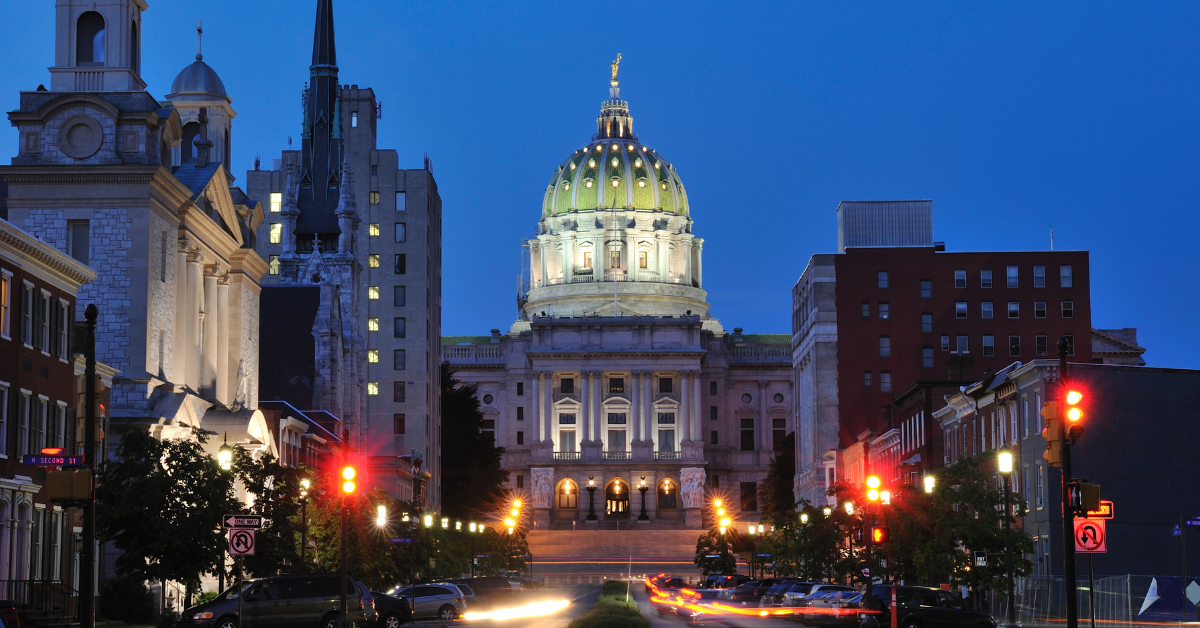 Harrisburg skyline at sunset.